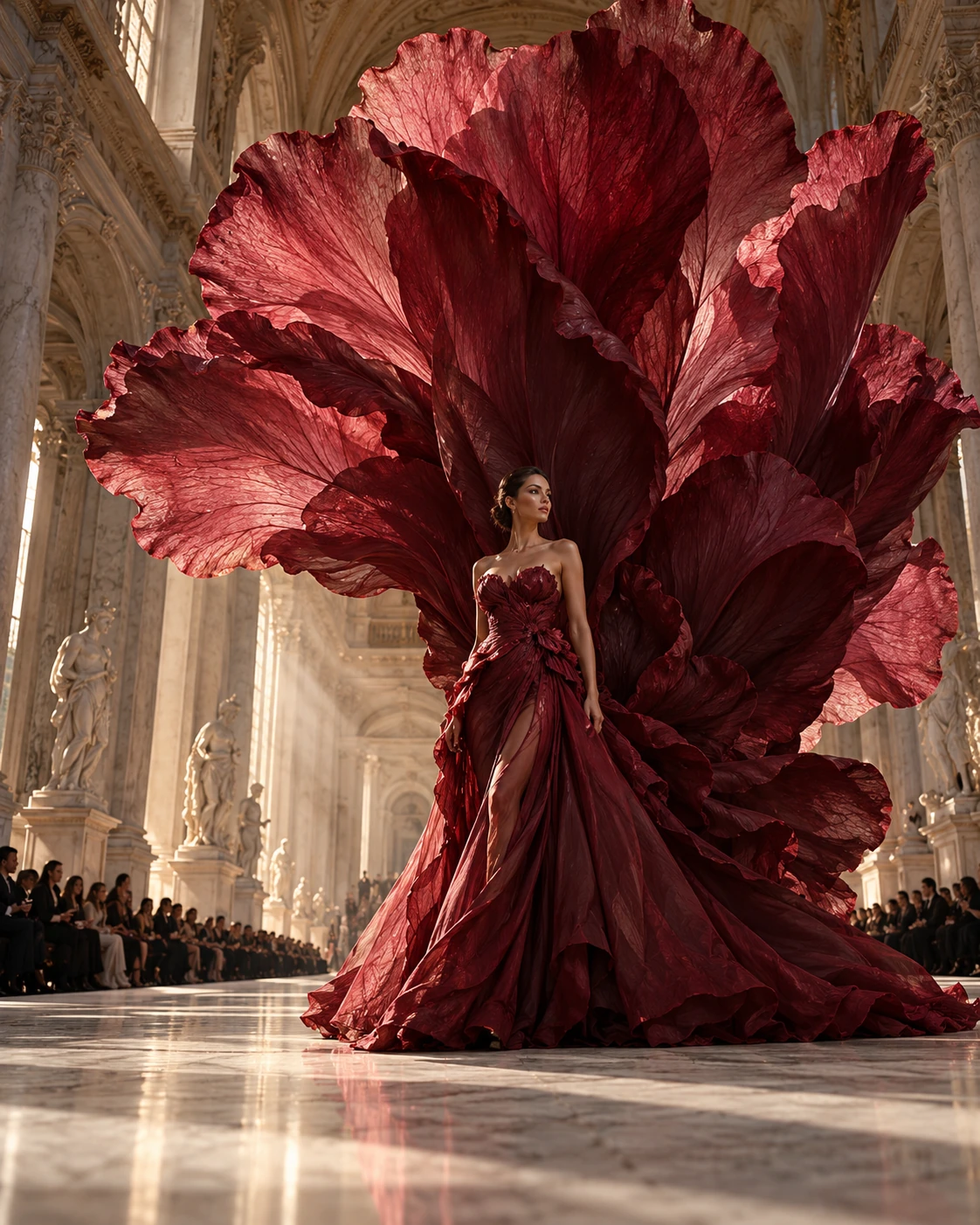 AI-generated concept: Couture gown with monumental burgundy petals
