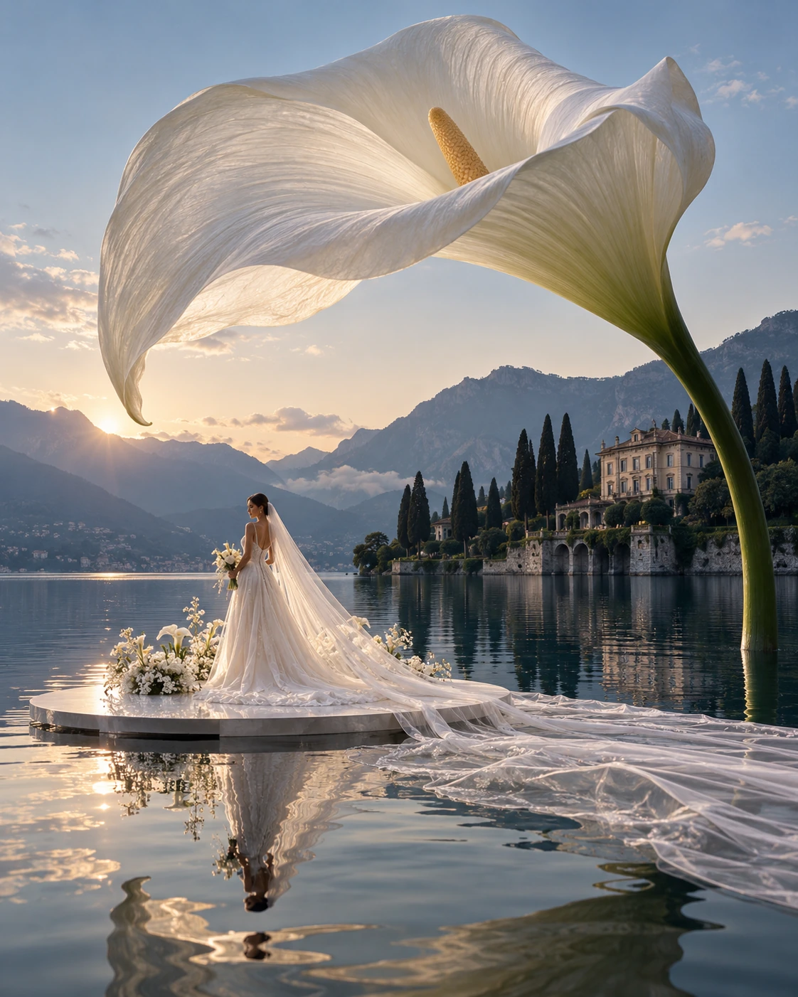AI-generated concept: Bride beneath a giant calla lily on a lake