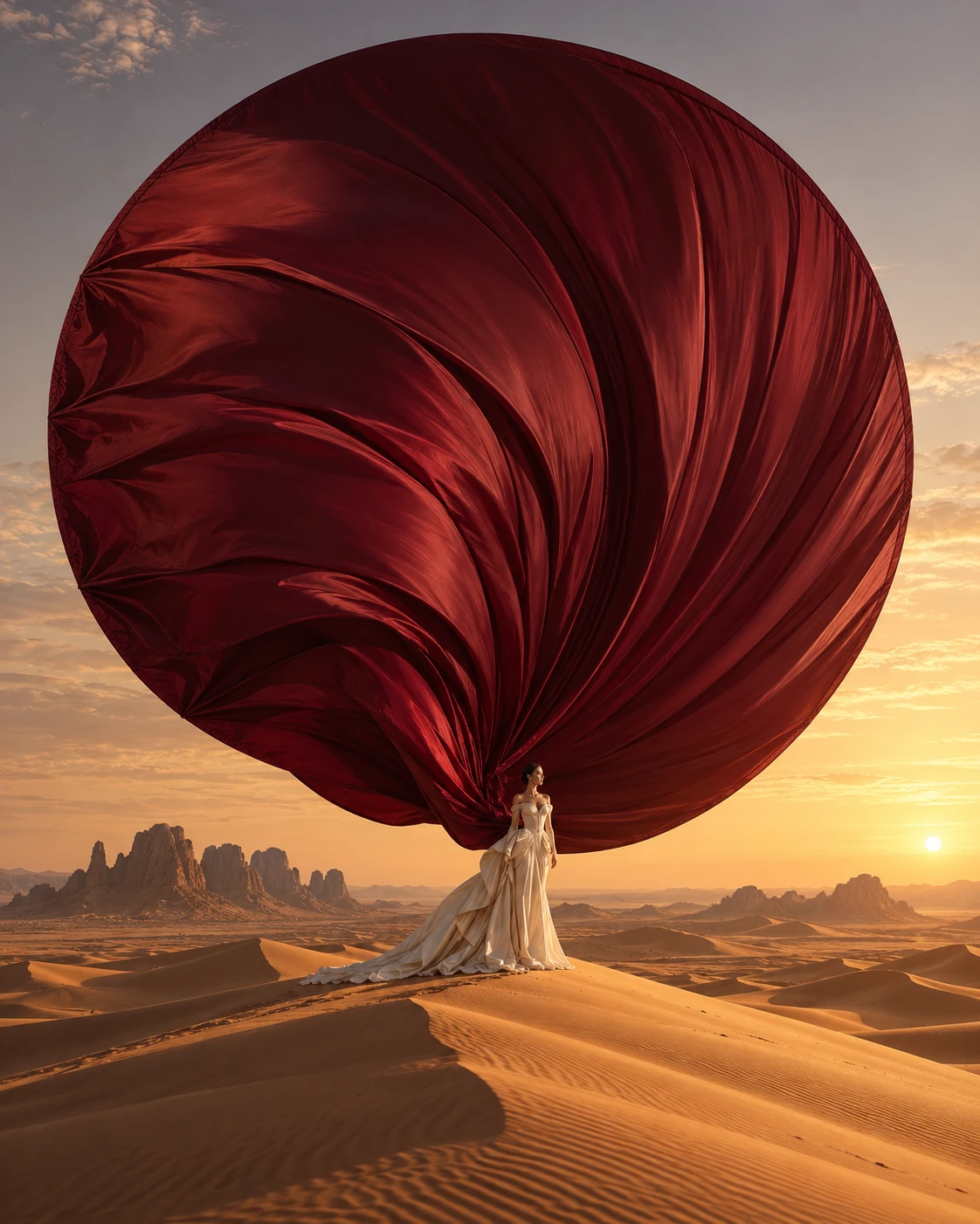 AI-generated concept: Sculptural silk couture in the desert