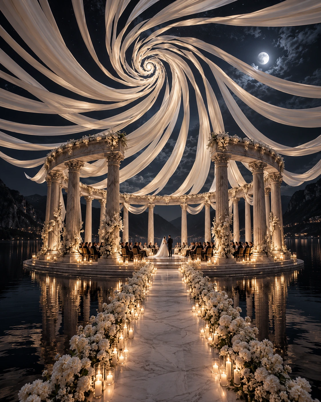 AI-generated concept: Lakeside ceremony beneath sweeping silk ribbons