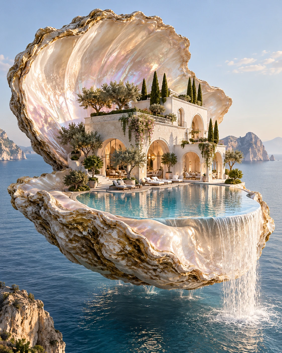 AI-generated concept: Villa imagined within a giant mother-of-pearl shell
