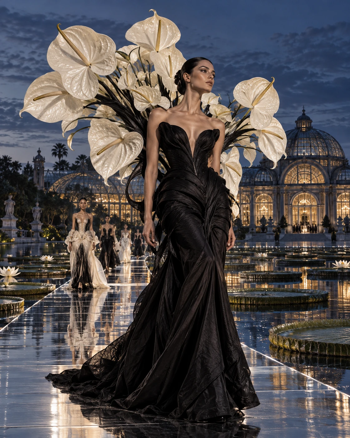 AI-generated concept: Botanical couture runway over a lily pond