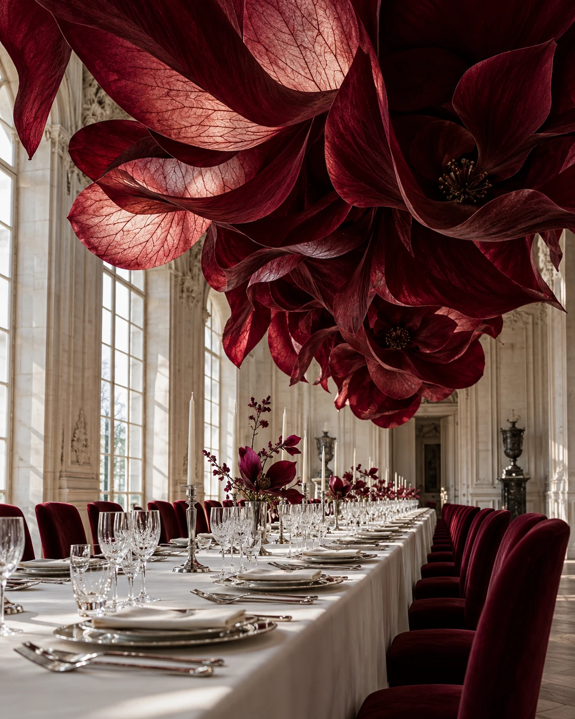 AI-generated concept: Dinner beneath a canopy of burgundy magnolia petals