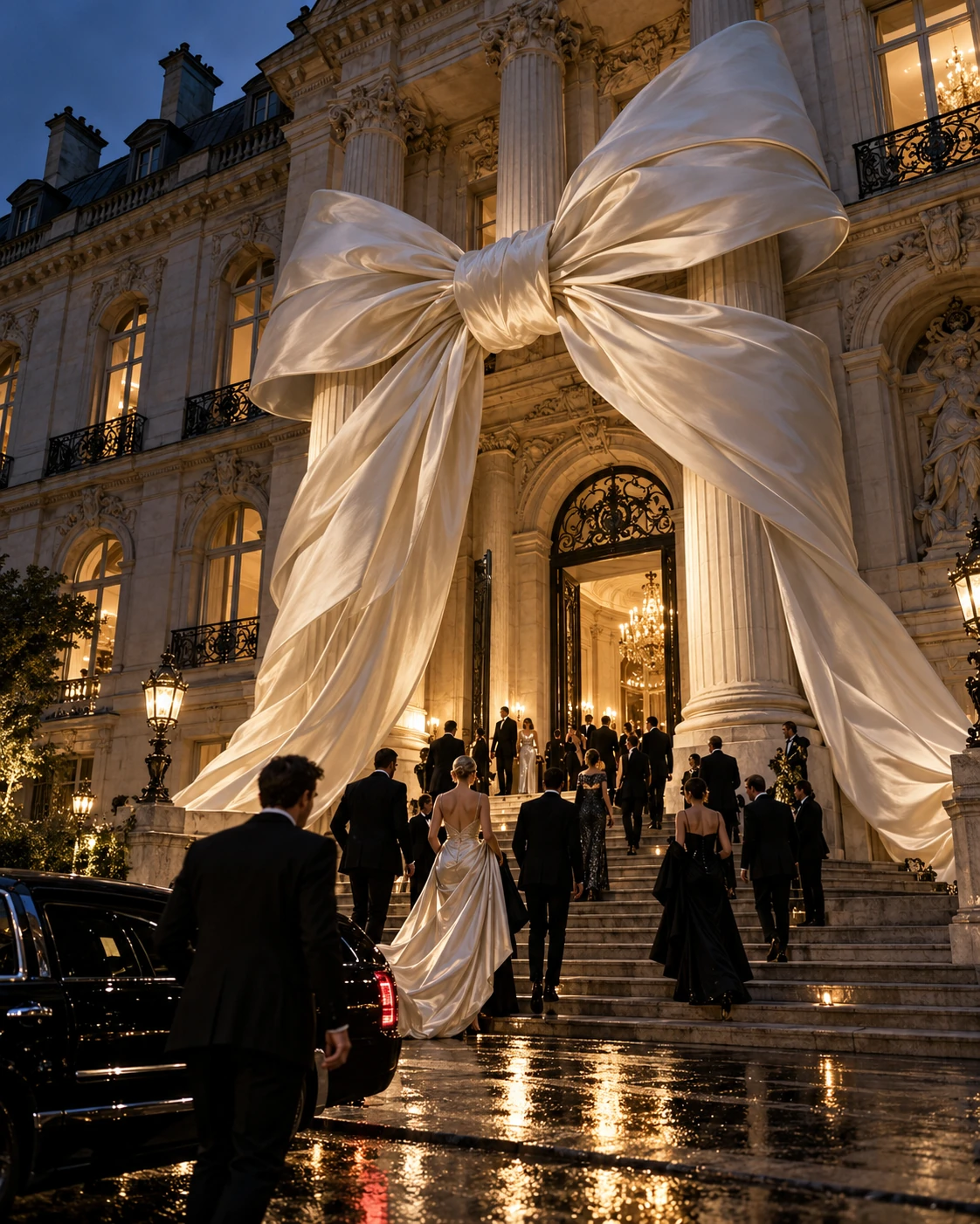 AI-generated concept: Gala arrival beneath a monumental ivory bow