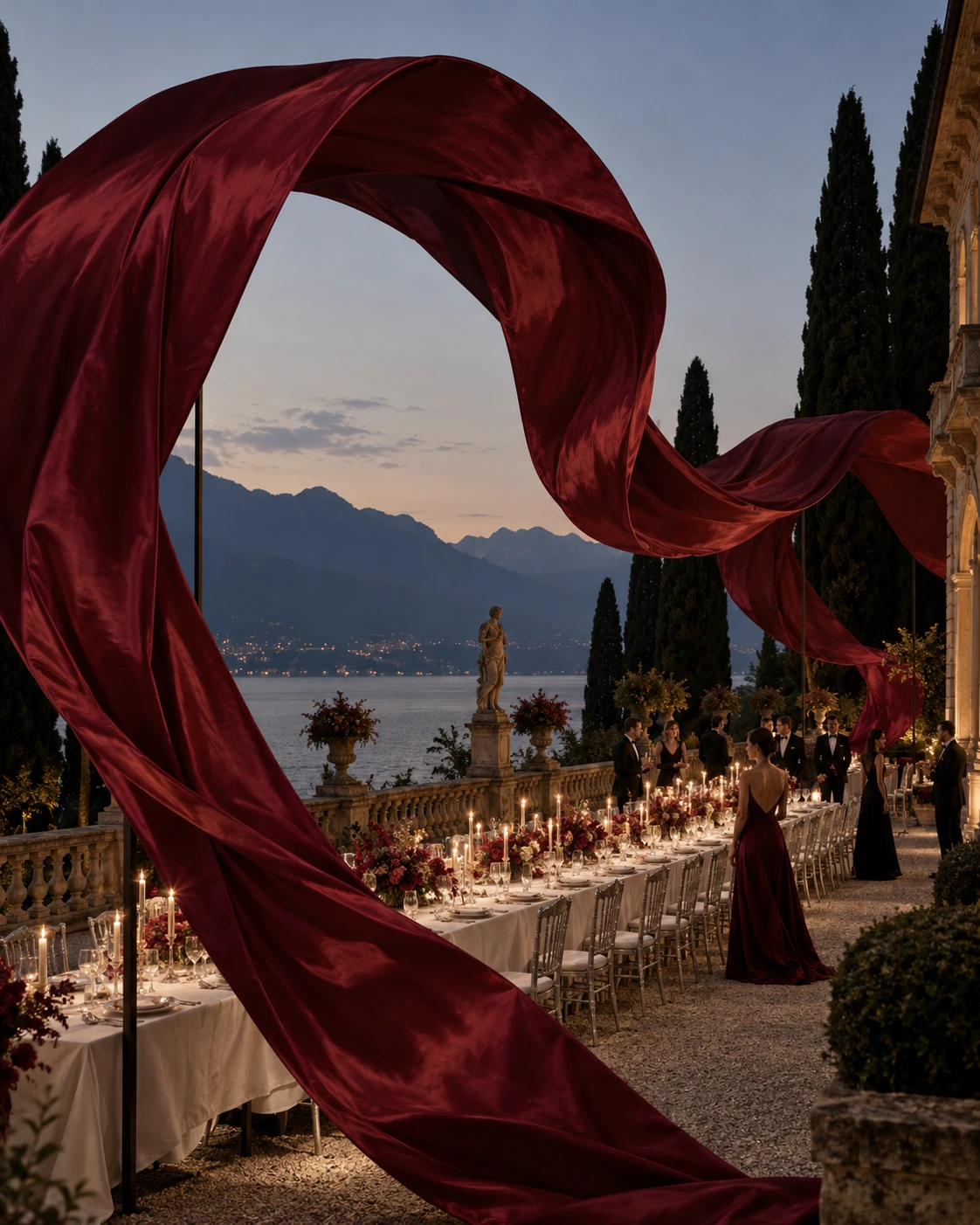AI-generated concept: Lake Como dinner beneath a sculptural silk ribbon