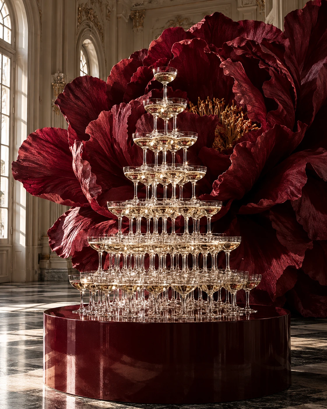 AI-generated concept: Champagne tower and monumental peony