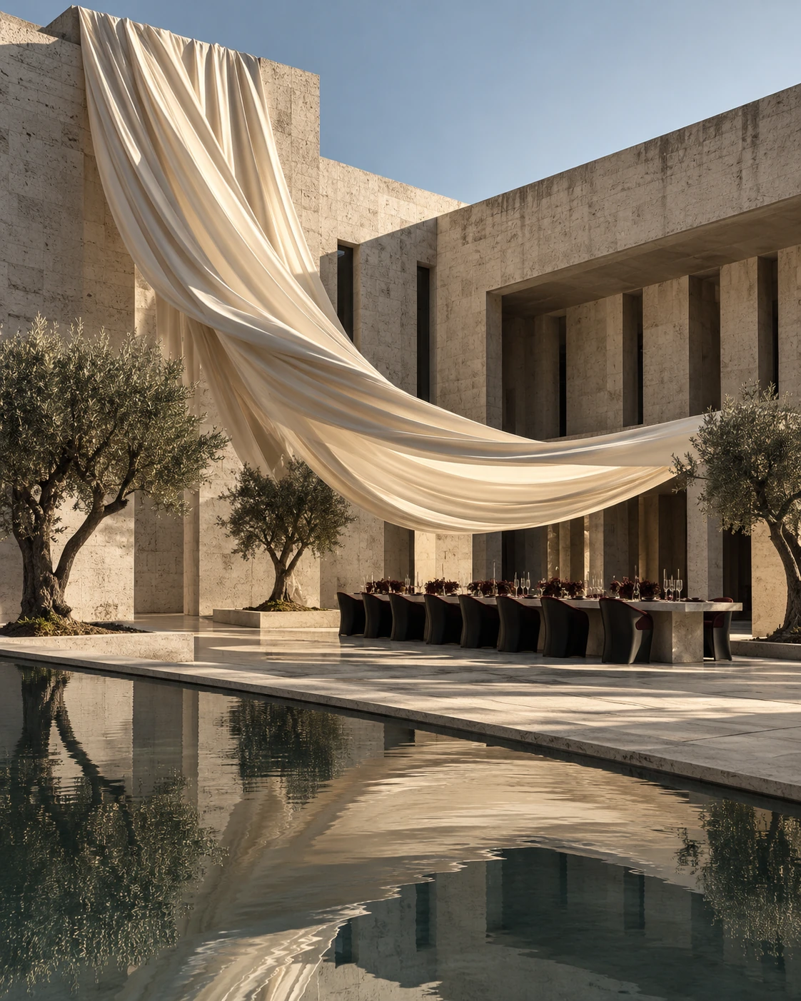AI-generated concept: Stone villa with sculptural silk dinner canopy