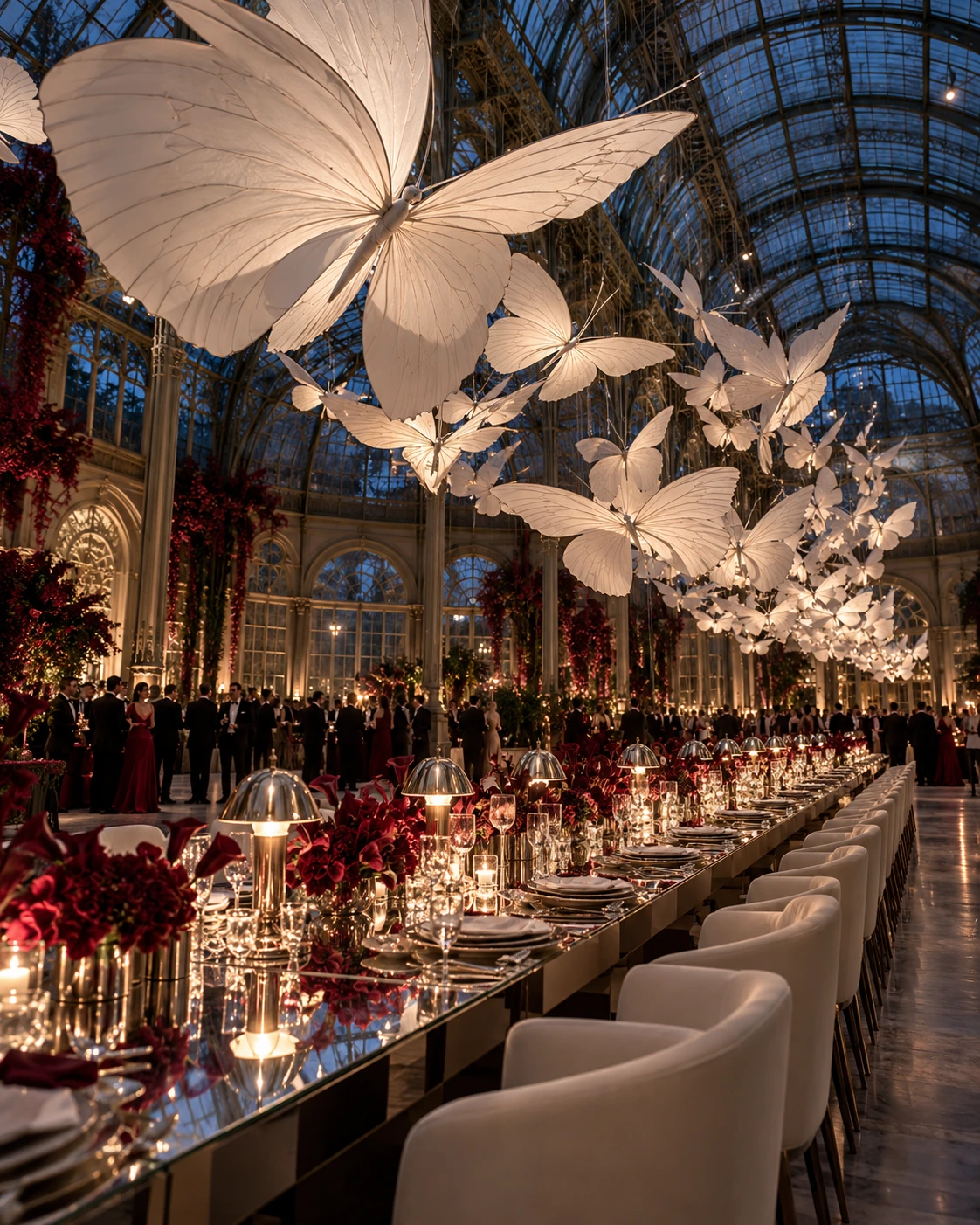 AI-generated concept: Conservatory gala with suspended butterflies