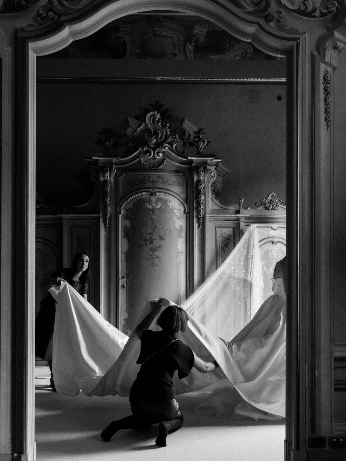 Wedding gown in an ornate room